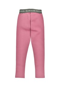 Rosa Baumwollhosen mit einem grünen elastischen Bund, der weißen Text aufweist. Das Design umfasst einen schlanken Schnitt und gerade Beine.