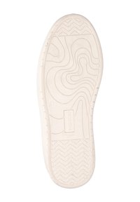 Witte rubberen schoenzool met een golfpatroon, zigzag profiel en branding in het midden. Maataanduiding aanwezig nabij de hak.