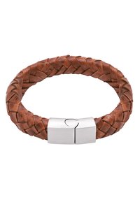 Bracciale intrecciato in cuoio marrone con chiusura metallica a finitura liscia, evidenziando l'intreccio e la trama intricati.