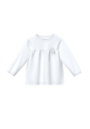 Weißes Babyshirt mit langen Ärmeln und rundem Hals, zwei Druckknöpfen an der Schulter, geraffter Brustnaht und kleiner Spitzenblumendekoration auf der vorderen rechten Seite.