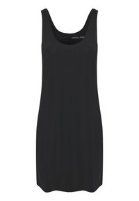Schwarzes ärmelloses Kleid mit Rundhalsausschnitt, aus glattem Stoff gefertigt, mit lockerer Passform und abgerundetem Saum. Keine Muster oder Hardwaredetails.