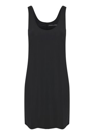 Zwarte mouwloze jurk met een ronde halslijn, gemaakt van een soepele stof, met een ontspannen pasvorm en een gebogen zoom. Geen patronen of hardware-details.