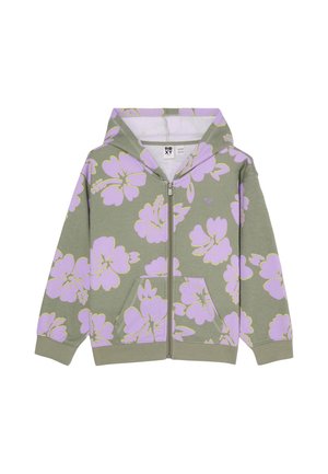 Grüner Kapuzenpullover mit Reißverschluss, großem helllila Blumenmuster, Fronttaschen und angenähter Kapuze.