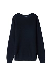 Pull-over bleu marine en tissu tricoté texturé, avec un col ras du cou et des poignets et un ourlet côtelés. Design simple et moderne.