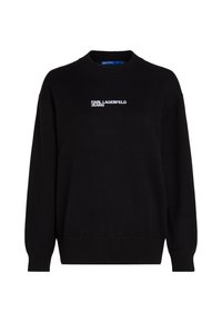 Fekete pulóver, kerek nyakkivágással, bordás mandzsettával és szegéllyel. A mellkasán fehér hímzett "KARL LAGERFELD JEANS" logó található.
