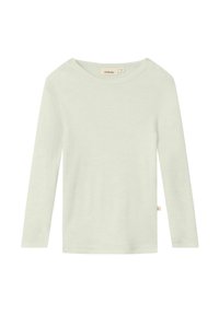 Haut à manches longues vert clair en tissu côtelé. Doté d'un col large et d'une petite étiquette sur le côté inférieur. Design simple et épuré.