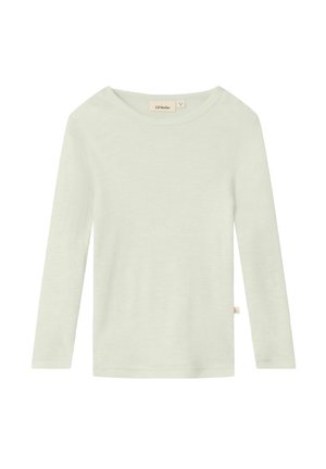 Top verde chiaro a maniche lunghe realizzato in tessuto a coste. Caratterizzato da un ampio scollo e una piccola etichetta sul lato inferiore. Design semplice e sobrio.