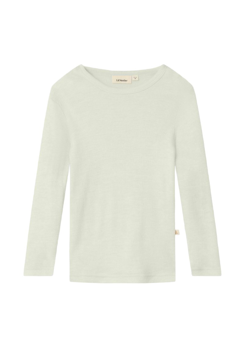 Haut à manches longues vert clair en tissu côtelé. Doté d'un col large et d'une petite étiquette sur le côté inférieur. Design simple et épuré.