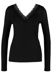 Černý dlouhý rukáv top s hlubokým výstřihem do V a krajkovým lemem. Vyrobený z měkké látky, má přiléhavý střih a žádné viditelné vzory.