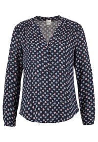 Blusa navy con maniche lunghe, scollo a V, decorata con un motivo a stelle multicolore in rosa e grigio. Tessuto leggero e fluido.