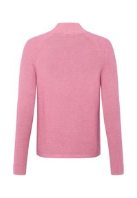 Różowy sweter z dzianiny, z długimi rękawami, prążkowanym dekoltem i teksturowanym wzorem. Tylny widok przedstawia jednolity, bezszwowy design.
