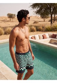 Homme torse nu portant des lunettes de soleil et un short de bain à motifs, debout près d'une piscine avec des plantes désertiques et des dunes de sable en arrière-plan.