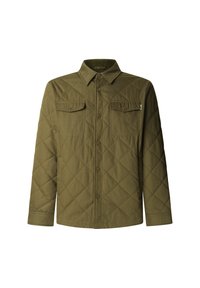 Olijfgroene gewatteerde shirtjacket met een knoopsluiting aan de voorkant, twee borstzakken en een klassieke kraag. Gladde stofstructuur en ruitpatroon.