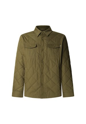 Veste chemise matelassée vert olive avec une fermeture à boutons, deux poches poitrine et un col classique. Texture de tissu lisse et motif en losanges.