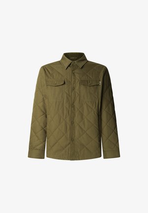 Giacca camicia imbottita verde oliva con chiusura a bottoni, due tasche sul petto e colletto classico. Tessuto morbido e texture a rombi.