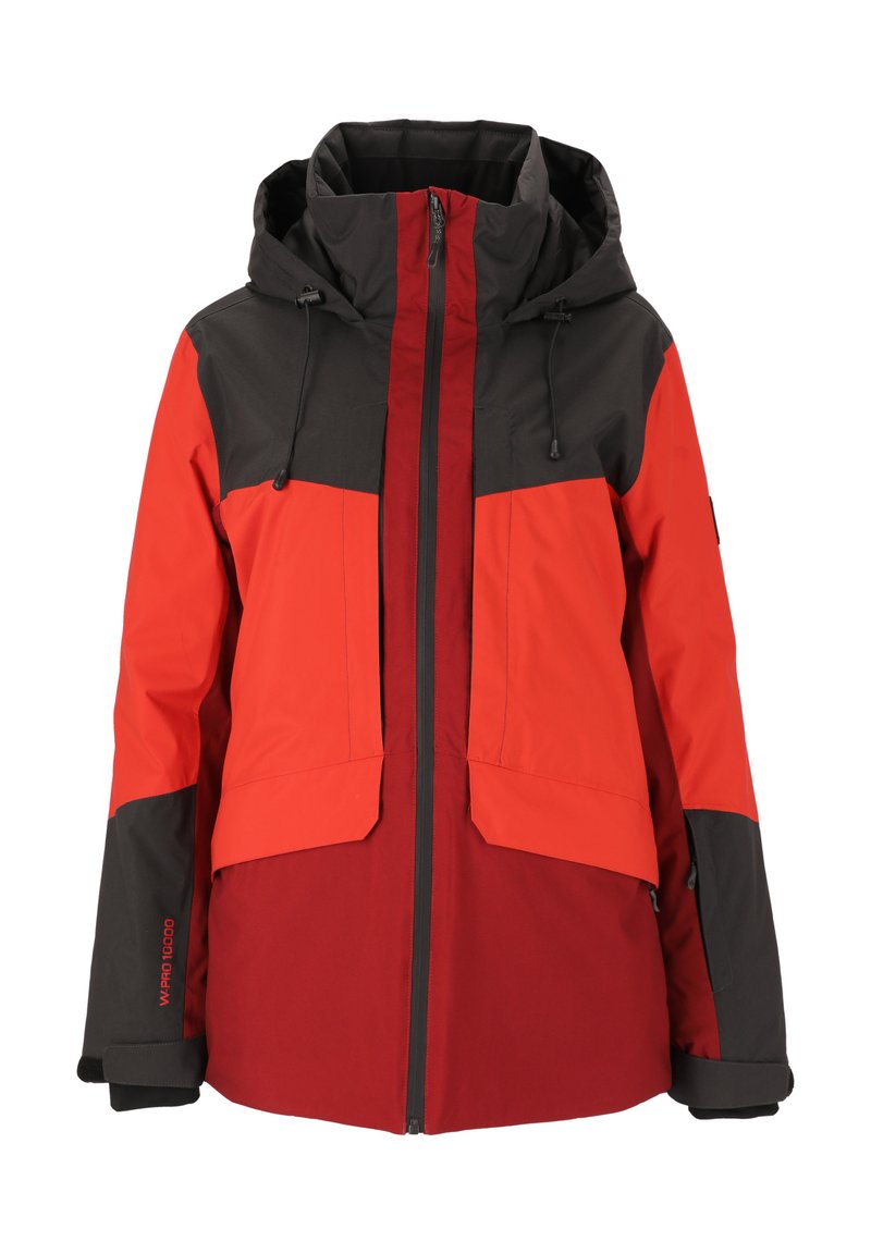 Rot und schwarze wasserdichte Jacke mit Kapuze, zwei großen Fronttaschen und einem Reißverschluss. Hergestellt aus strapazierfähigem, strukturiertem Stoff.