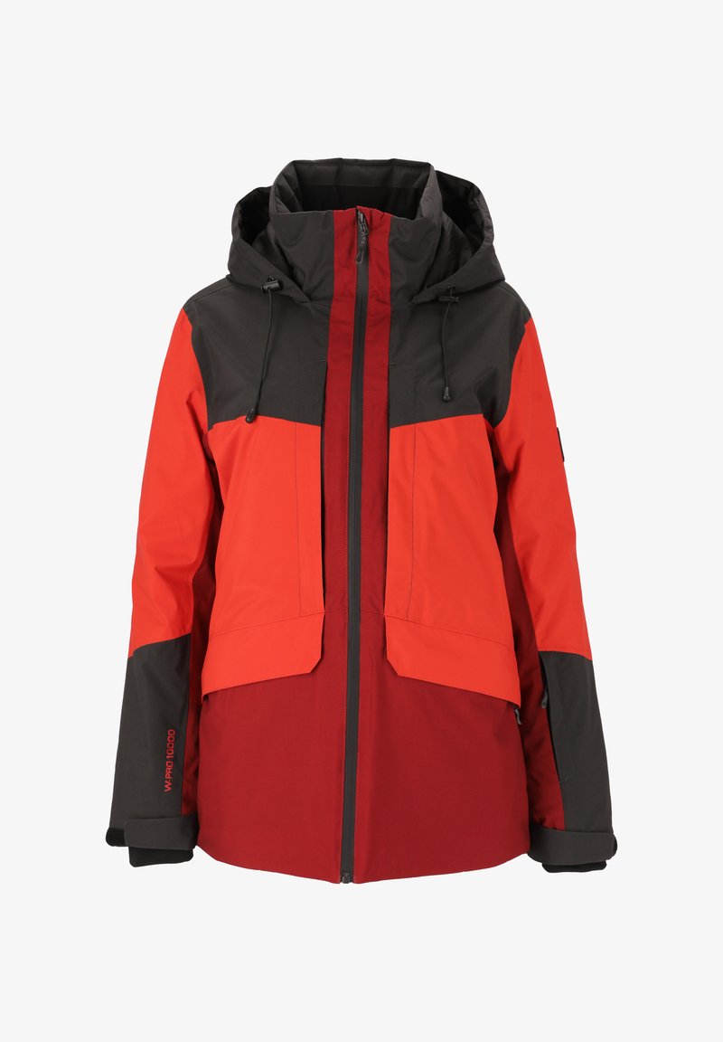 Rot und schwarze wasserdichte Jacke mit Kapuze, zwei großen Fronttaschen und einem Reißverschluss. Hergestellt aus strapazierfähigem, strukturiertem Stoff.