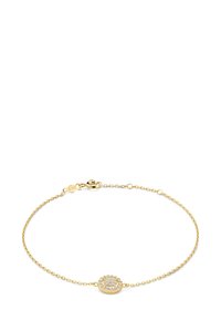 Gold bracelet with a delicate chain, featuring an oval charm adorned with small clear stones, secured with a lobster clasp.