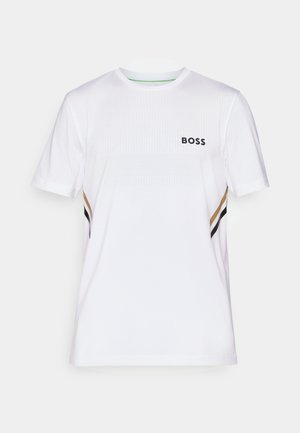 White athletic T-shirt with a textured fabric. Features a black "BOSS" logo and side stripes in black, gold, and white. Crew neck design.