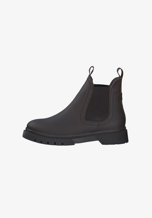 Bottines Chelsea en cuir brun avec des panneaux latéraux élastiques, des languettes de tirage et une semelle en caoutchouc texturée. Détails cousus le long des bords.
