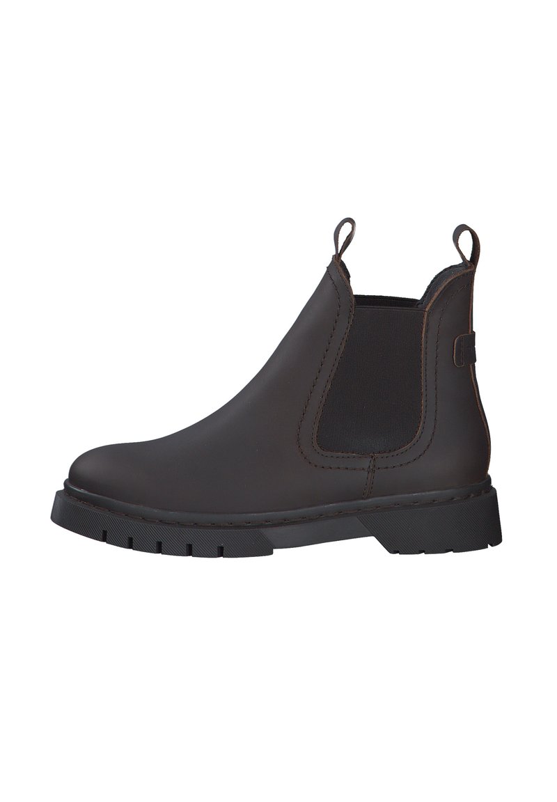 Bottines Chelsea en cuir brun avec des panneaux latéraux élastiques, des languettes de tirage et une semelle en caoutchouc texturée. Détails cousus le long des bords.