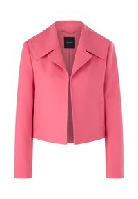Rosa cropped Jacke aus glattem Stoff mit breitem Kragen, offener Vorderseite und zwei Seitentaschen. Maßgeschneiderter, strukturierter Schnitt.