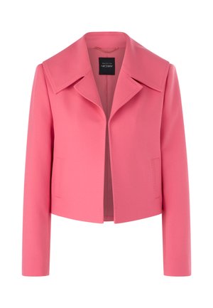 Pink cropped jacket made of smooth fabric, featuring a wide collar, open front, and two side pockets. Tailored, structured design.