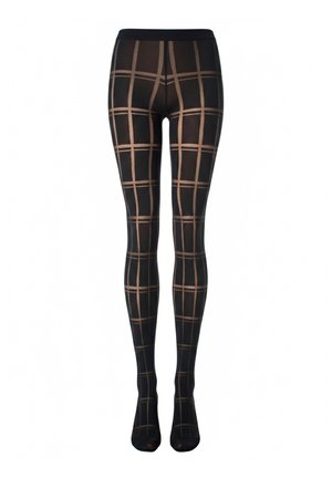 Collants noirs transparents avec un motif en grille nude formant de grandes carrés, longueur intégrale de la taille aux orteils.