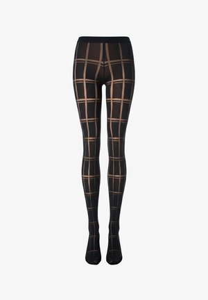 Collants noirs transparents avec un motif en grille nude formant de grandes carrés, longueur intégrale de la taille aux orteils.