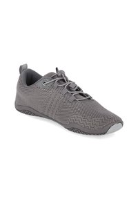 Gray mesh athletic shoe featuring a textured design, minimal lacing system, rubber sole, and a pull tab at the heel for easy wear.