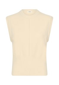 Ärmelsylose cremefarbene Strickweste mit geripptem Rundhalsausschnitt und dezentem vertikalem Naht verlauf in der Mitte vorne.