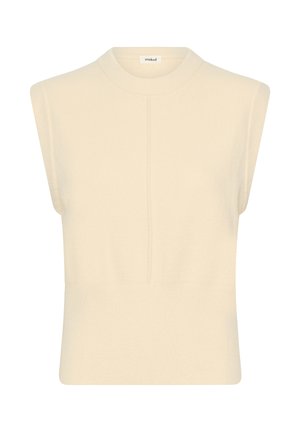 Beżowy, bezrękawnik z dzianiny, z prążkowanym okrągłym dekoltem i subtelnym pionowym szwem na środku przodu.