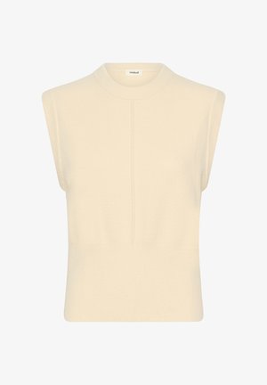 Beżowy, bezrękawnik z dzianiny, z prążkowanym okrągłym dekoltem i subtelnym pionowym szwem na środku przodu.