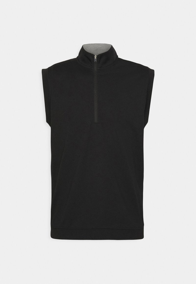 Zwarte mouwloze pullover met een hoge kraag en een halve rits, voorzien van een zachte grijze voering bij de kraag en een ontspannen pasvorm.