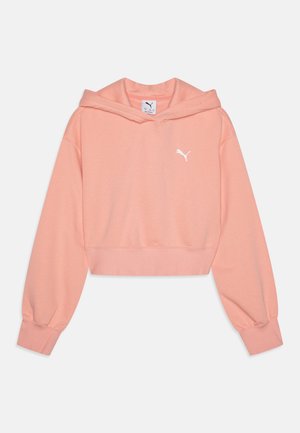 Gekürzter Hoodie aus weichem Pfirsichstoff mit langen, ballonförmigen Ärmeln und einem weißen Puma-Logo auf der Brust. Mit einer Kapuze mit Kordelzug und geripptem Saum.