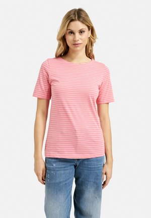 Pink striped t-shirt with short sleeves and a crew neckline, made from soft fabric. Worn with light blue distressed jeans.