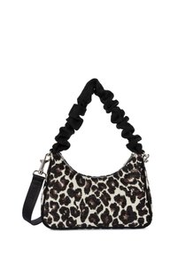 Leopard-print handbag with a black scrunched fabric handle, zip closure, and contrasting texture between the body and handle design elements.
