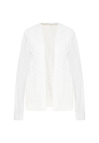 Cardigan bianco lavorato a maglia con apertura frontale, caratterizzato da un delicato motivo in pizzo e polsini a coste. Leggero e con una trama semi-trasparente.