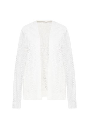Fehér kötött kardigán nyitott elejével, finom csipkés mintával és bordás mandzsettákkal. Könnyű és félátlátszó anyag.