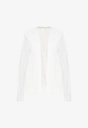 Cardigan alb tricotat cu deschidere pe față, având un model delicat din dantelă și manșete cu edge. Textură ușoară și semi-transparentă.