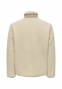 Beige fleecetakki, jossa korkea kaulus, teksturoitu pinta ja pitkät hihat. Malli on yksinkertainen, suoraviivainen leikkaus ja vähäiset yksityiskohdat.