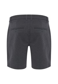 Dark gray tailored shorts with belt loops and two back pockets, each secured by a button, shown from rear view on white background.