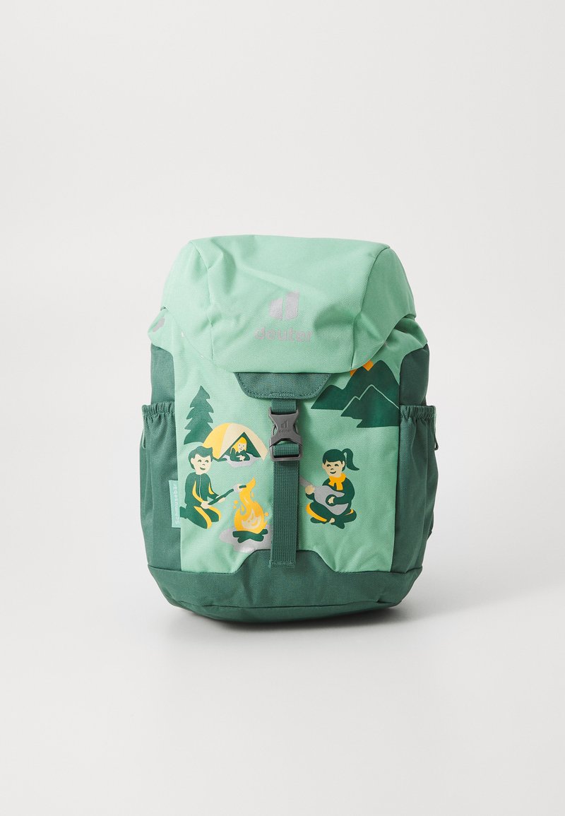 Green backpack with a fold-over top, featuring cartoon camping designs in yellow and orange, cinch closure, and side mesh pocket.