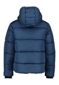 Mörkblå puffjacka med huva, med horisontell quiltning, slät yta och elastiska muddar. Enkelt design utan synlig hårdvara.