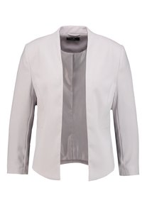 Blazer gris clair à la coupe structurée, texture satinée, devant ouvert et manches longues. Dispose d'une doublure intérieure lisse et de poches latérales.