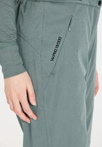 Grå aktiva byxor med en slät yta, utrustade med en ficka med dragkedja på sidan och "W PRO 15000"-logotyp. Strömlinjeformat design betonar funktionalitet.