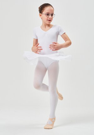 White short-sleeve leotard with a round neckline, paired with a white tulle tutu, white tights, and light pink ballet shoes.