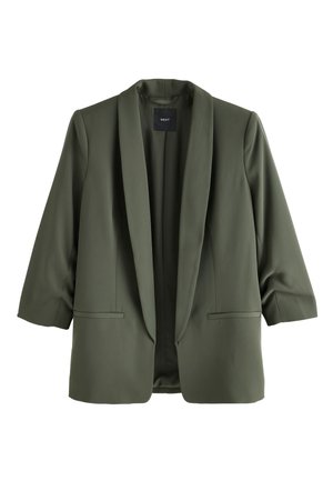 Olivengrøn damesblazer med lange ærmer, sjalskrave, to forlommer og åben frontstil, mærket "NEXT" indeni kraven.