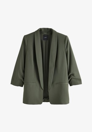 Blazer vert olive pour femme avec manches longues, col châle, deux poches avant et style ouvert devant, étiquette "NEXT" à l'intérieur du col.