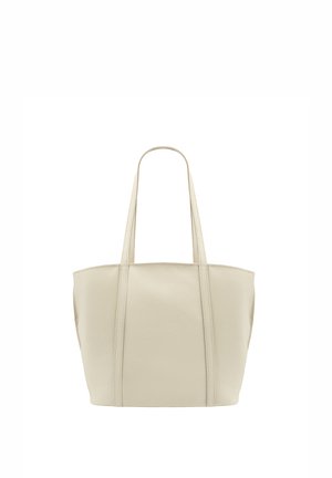 Beżowa skórzana torba typu tote z dwoma długimi uchwytami, teksturowaną powierzchnią i pojemnym, prostokątnym kształtem. Bez widocznych ozdób czy elementów metalowych.